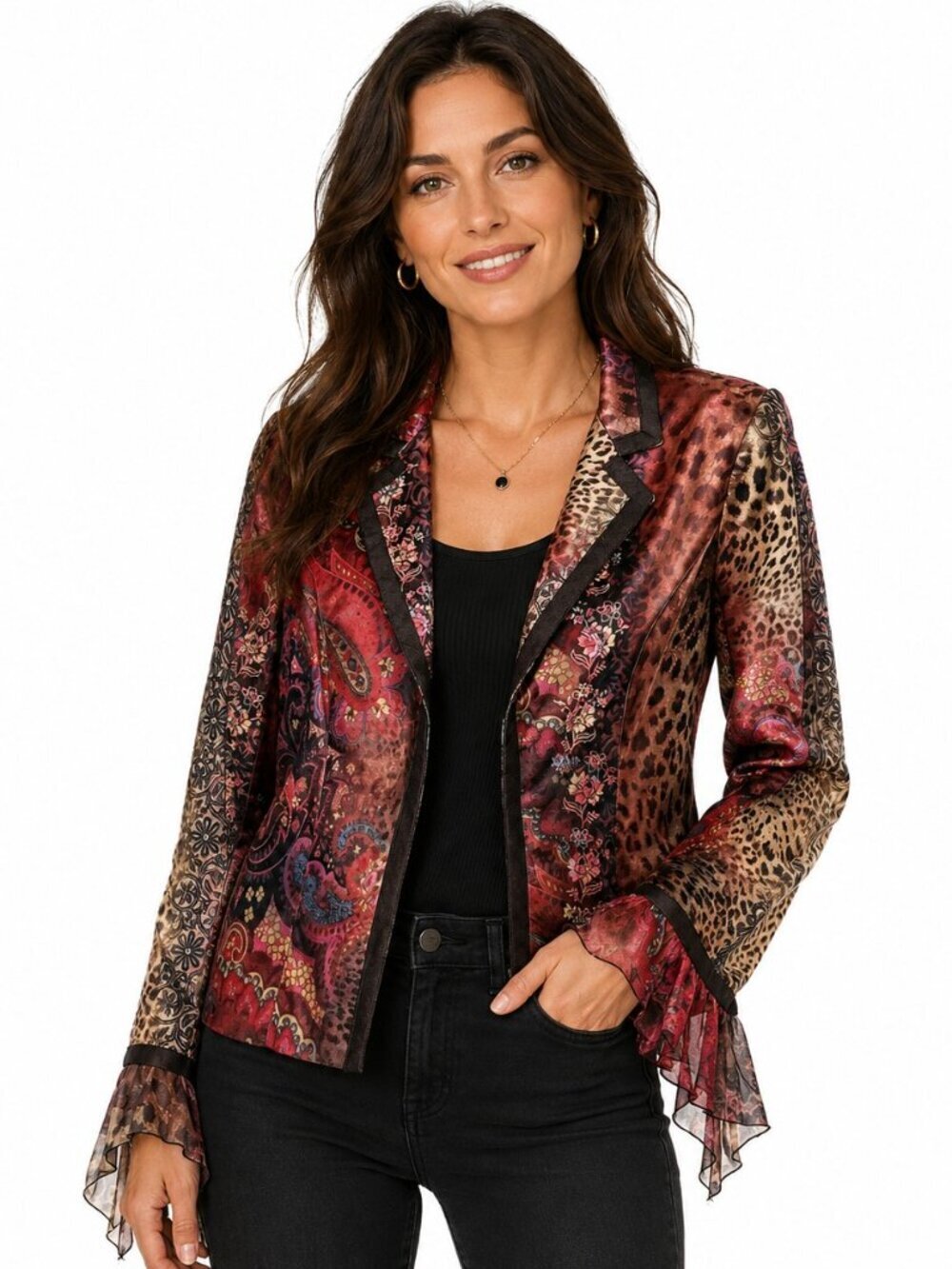 Boho Chic Multicolor Animal Print Floral Paisley Satin Jacket